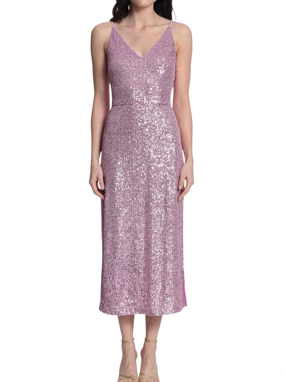 Donna Morgan Lavender Pink Sequin V-Neck Midi Dress